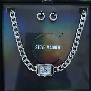 Steve Madden Silver Chain Watch Necklace and Earring Set